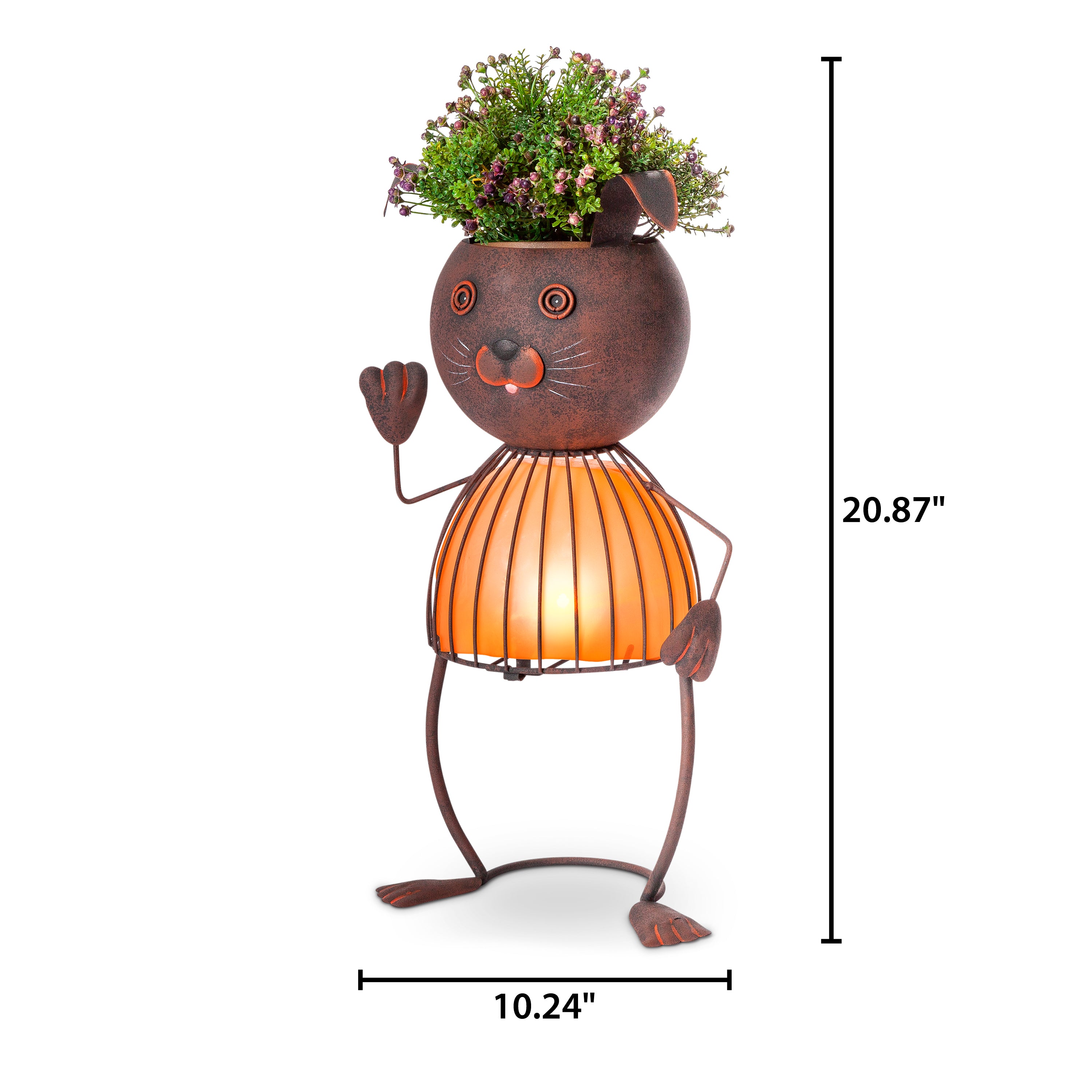 20.87 Inch Whimsical Orange Solar Lighted Metal Rabbit Planter Head